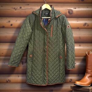 Lauren Ralph Lauren Olive Quilted Long Hooded Riding Barn Jacket Size Small